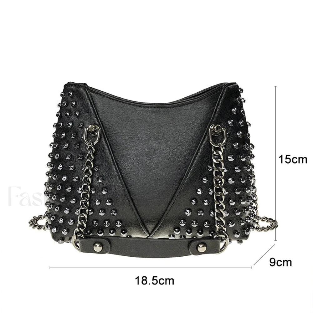 Studded Rivet Rock Chain Purse Leather Crossbody Wallet Punk Bag Black