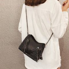 Studded Rivet Rock Chain Purse Leather Crossbody Wallet Punk Bag Black