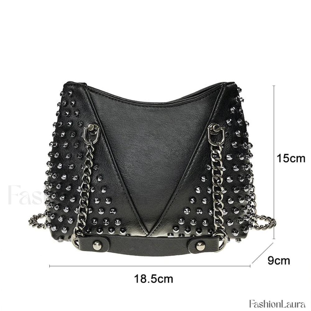 Studded Rivet Rock Chain Purse Leather Crossbody Wallet Punk Bag Black