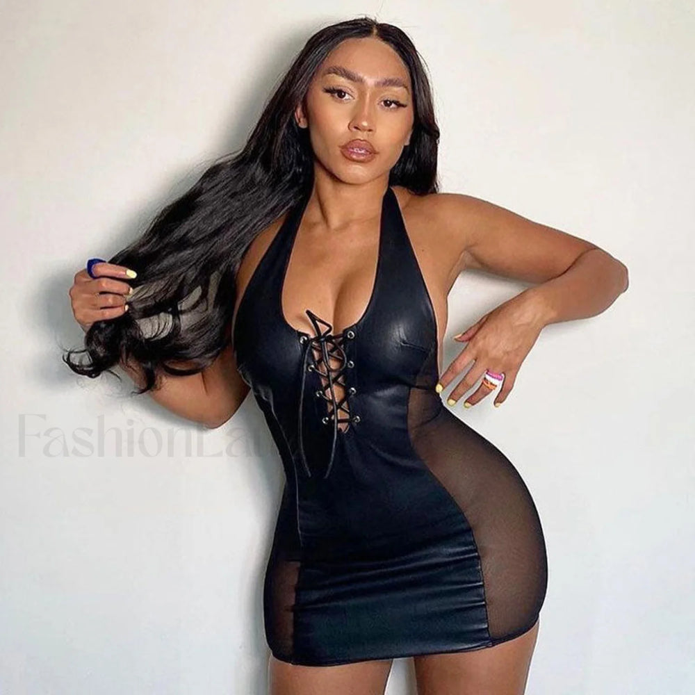 Sultry Mesh Panel Lace Up Club Mini Dress Black M / Black Party Dresses