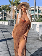 Summer Beach Crochet Maxi Hollow Out Cover Ups Bodycon V Neck Knitted Long Club Party Streetwear Dress