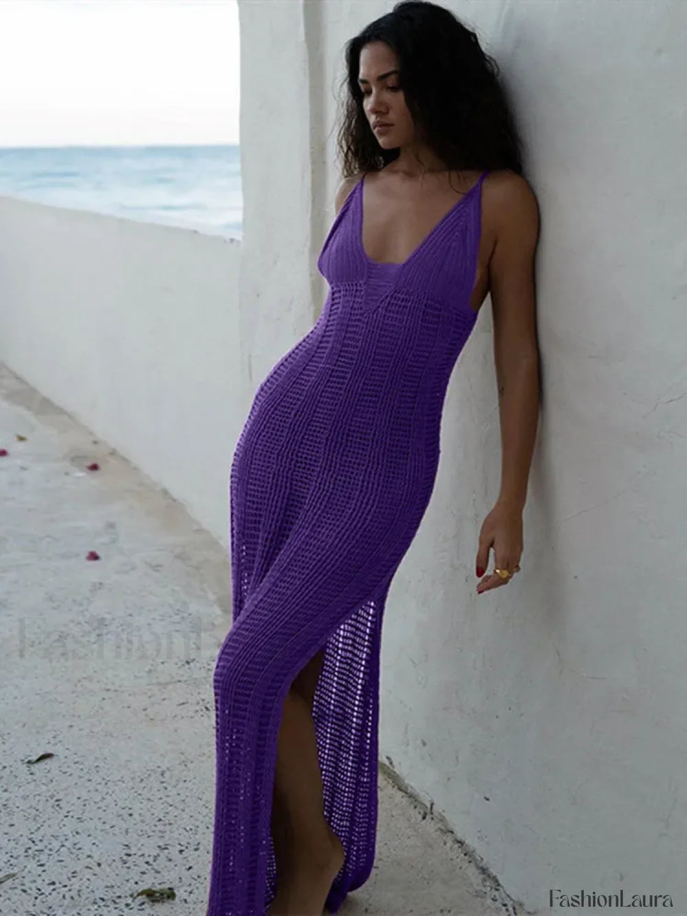 Summer Beach Crochet Maxi Hollow Out Cover Ups Bodycon V Neck Knitted Long Club Party Streetwear Dress