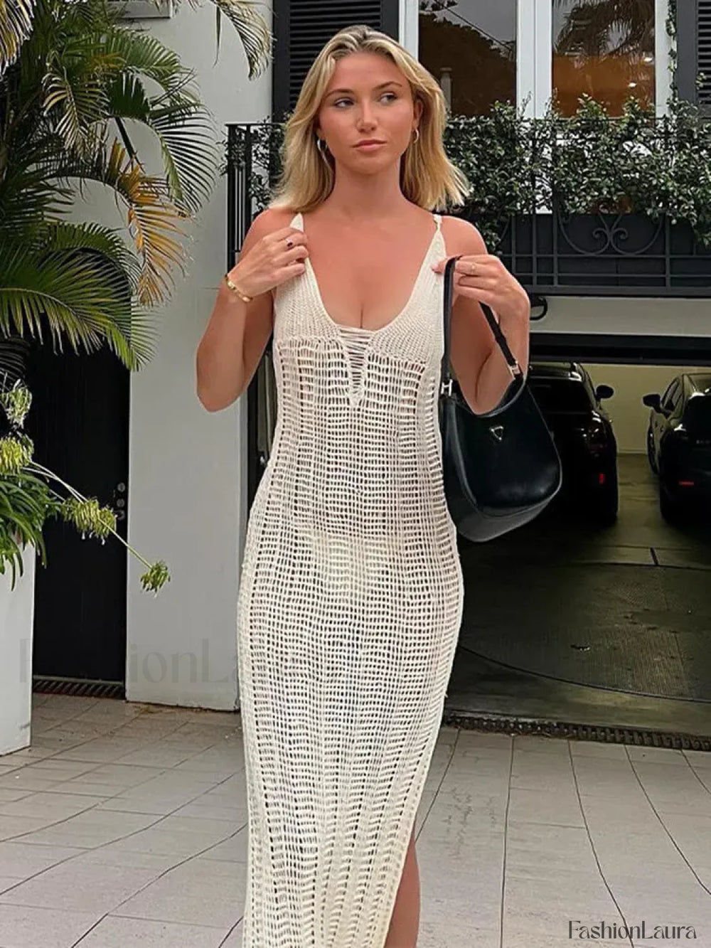 Summer Beach Crochet Maxi Hollow Out Cover Ups Bodycon V Neck Knitted Long Club Party Streetwear Dress WHITE / S