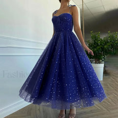 Summer Bling Stars Sequin Vintage V Neck Sexy Mesh Spaghetti Strap Tulle Vestidos Mujer Prom Dress