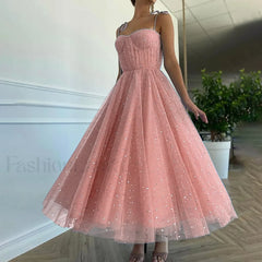 Summer Bling Stars Sequin Vintage V Neck Sexy Mesh Spaghetti Strap Tulle Vestidos Mujer Prom Dress