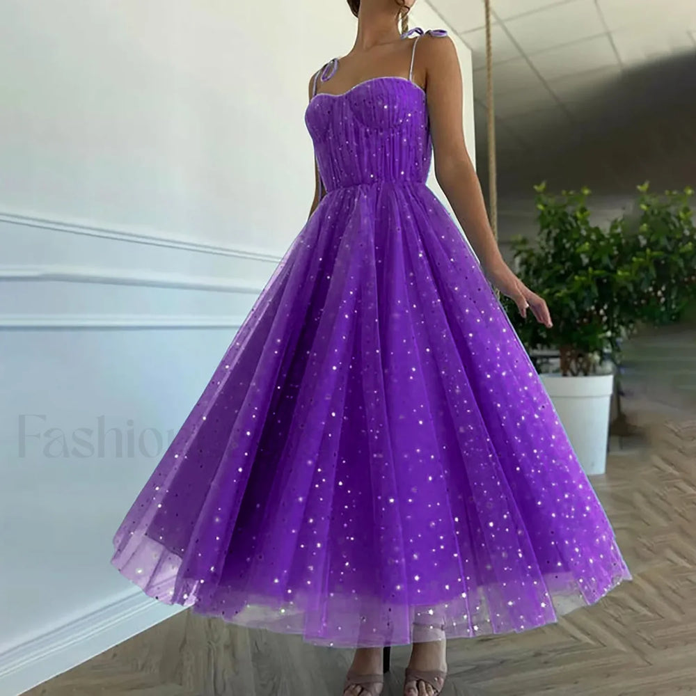 Summer Bling Stars Sequin Vintage V Neck Sexy Mesh Spaghetti Strap Tulle Vestidos Mujer Prom Dress