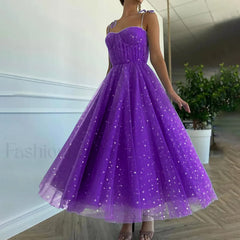Summer Bling Stars Sequin Vintage V Neck Sexy Mesh Spaghetti Strap Tulle Vestidos Mujer Prom Dress