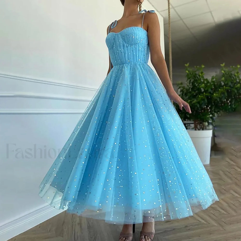 Summer Bling Stars Sequin Vintage V Neck Sexy Mesh Spaghetti Strap Tulle Vestidos Mujer Prom Dress