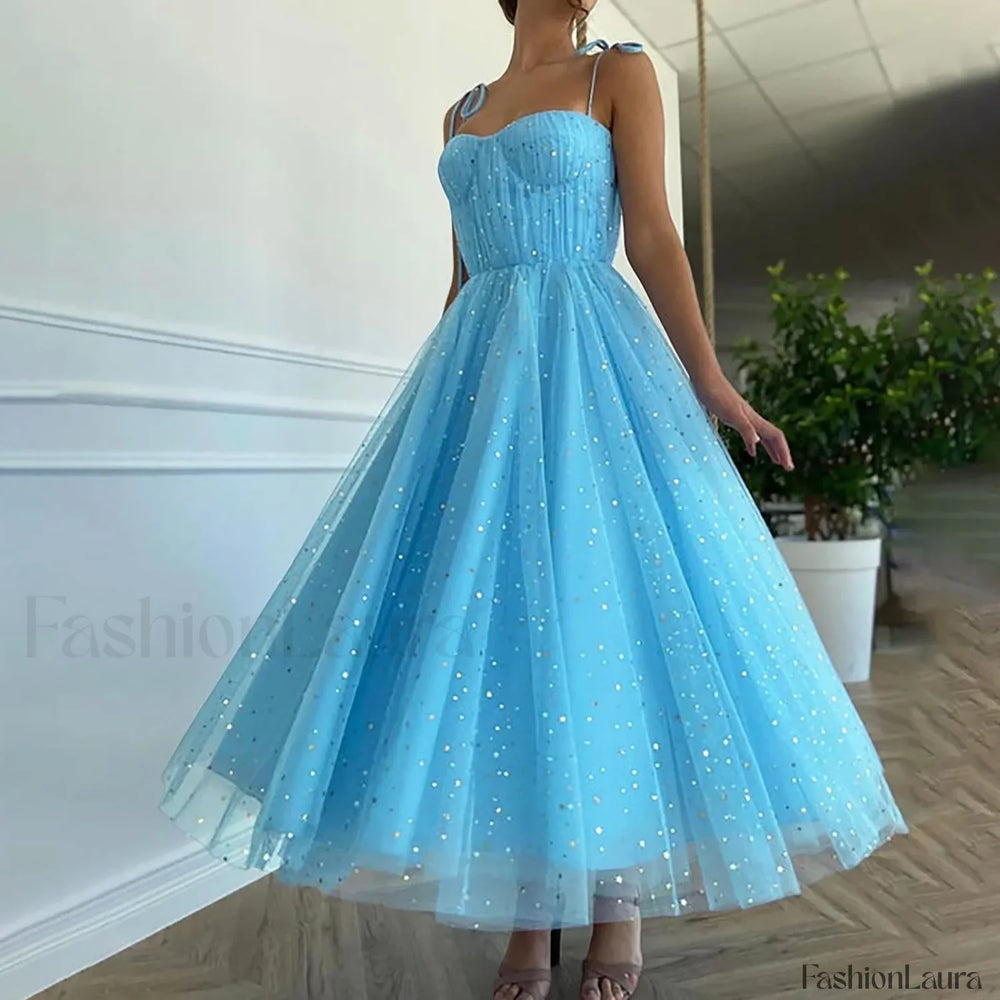 Summer Bling Stars Sequin Vintage V Neck Sexy Mesh Spaghetti Strap Tulle Vestidos Mujer Prom Dress Blue / S