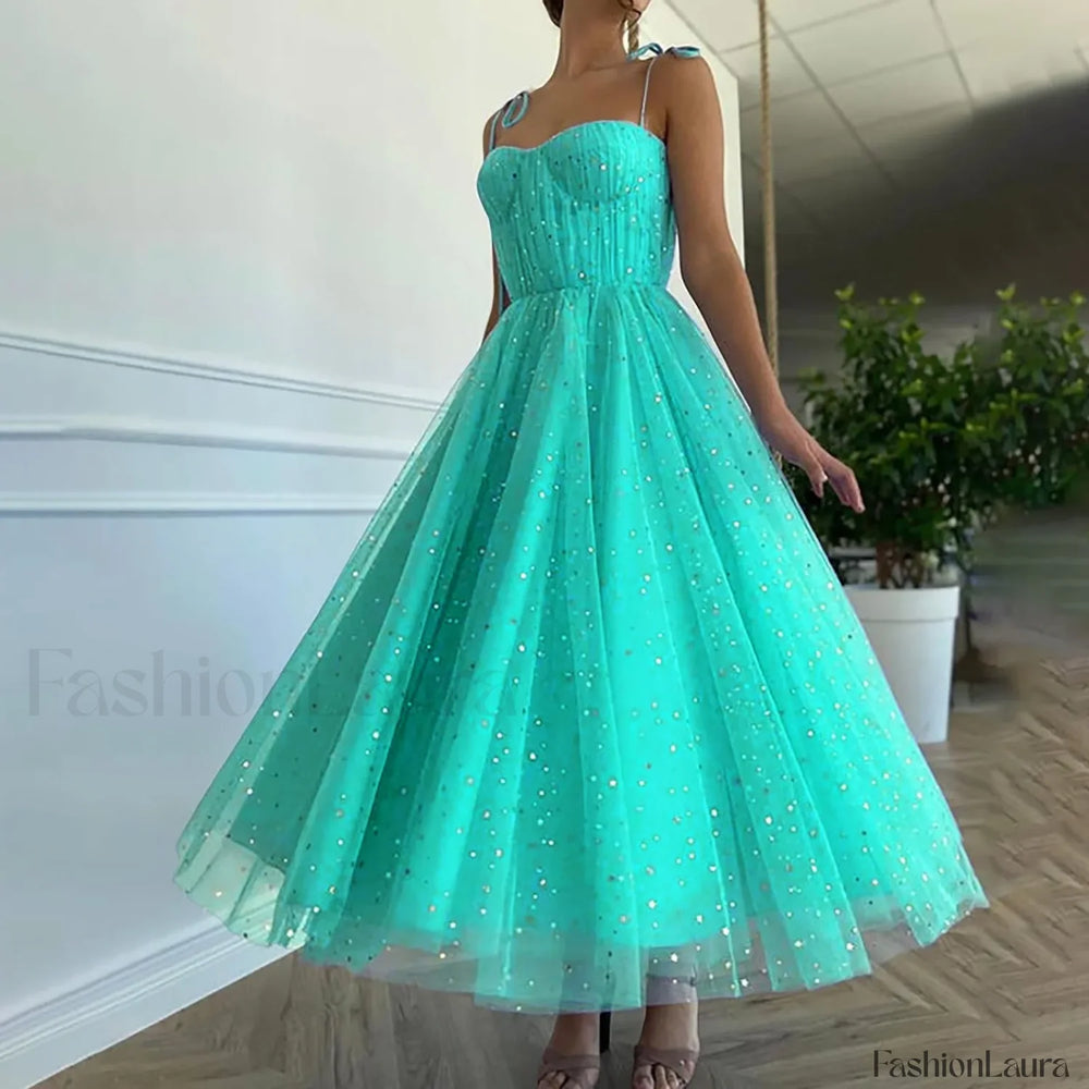 Summer Bling Stars Sequin Vintage V Neck Sexy Mesh Spaghetti Strap Tulle Vestidos Mujer Prom Dress Green / S