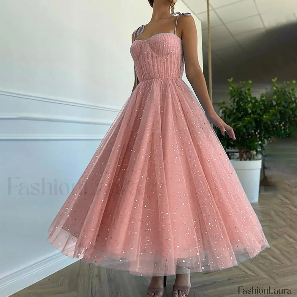 Summer Bling Stars Sequin Vintage V Neck Sexy Mesh Spaghetti Strap Tulle Vestidos Mujer Prom Dress Red / S