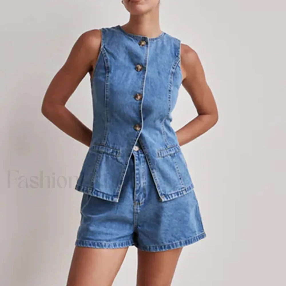 Summer Button Denim Tank Top Elastic Shorts Two Piece Set