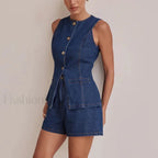 Summer Button Denim Tank Top Elastic Shorts Two Piece Set