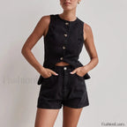 Summer Button Denim Tank Top Elastic Shorts Two Piece Set Black / S
