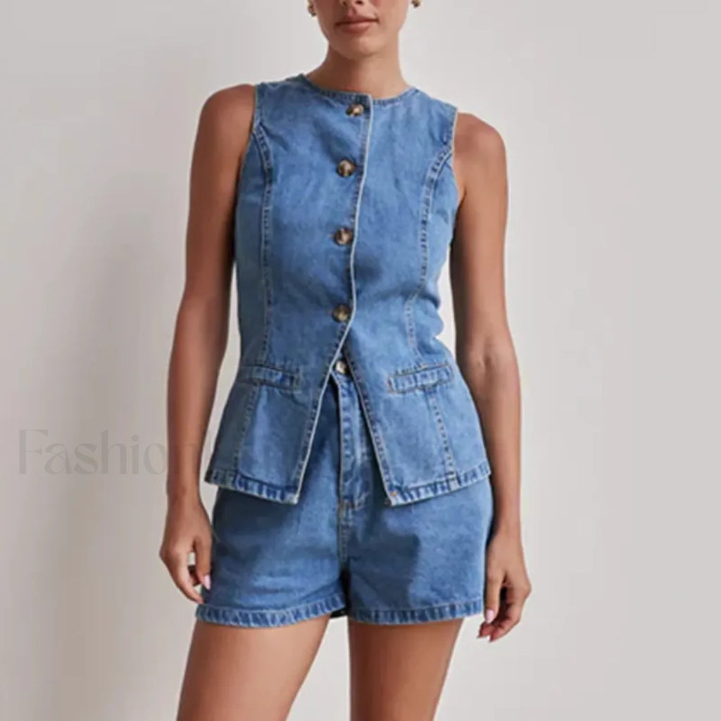 Summer Button Denim Tank Top Elastic Shorts Two Piece Set Blue / S