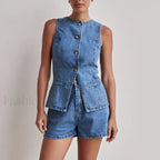 Summer Button Denim Tank Top Elastic Shorts Two Piece Set Blue / S