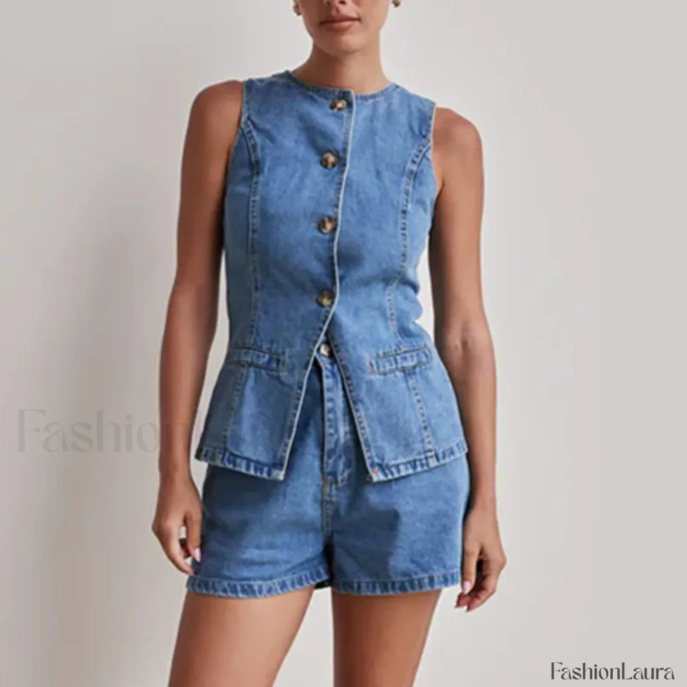 Summer Button Denim Tank Top Elastic Shorts Two Piece Set Blue / S