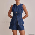 Summer Button Denim Tank Top Elastic Shorts Two Piece Set navy / S