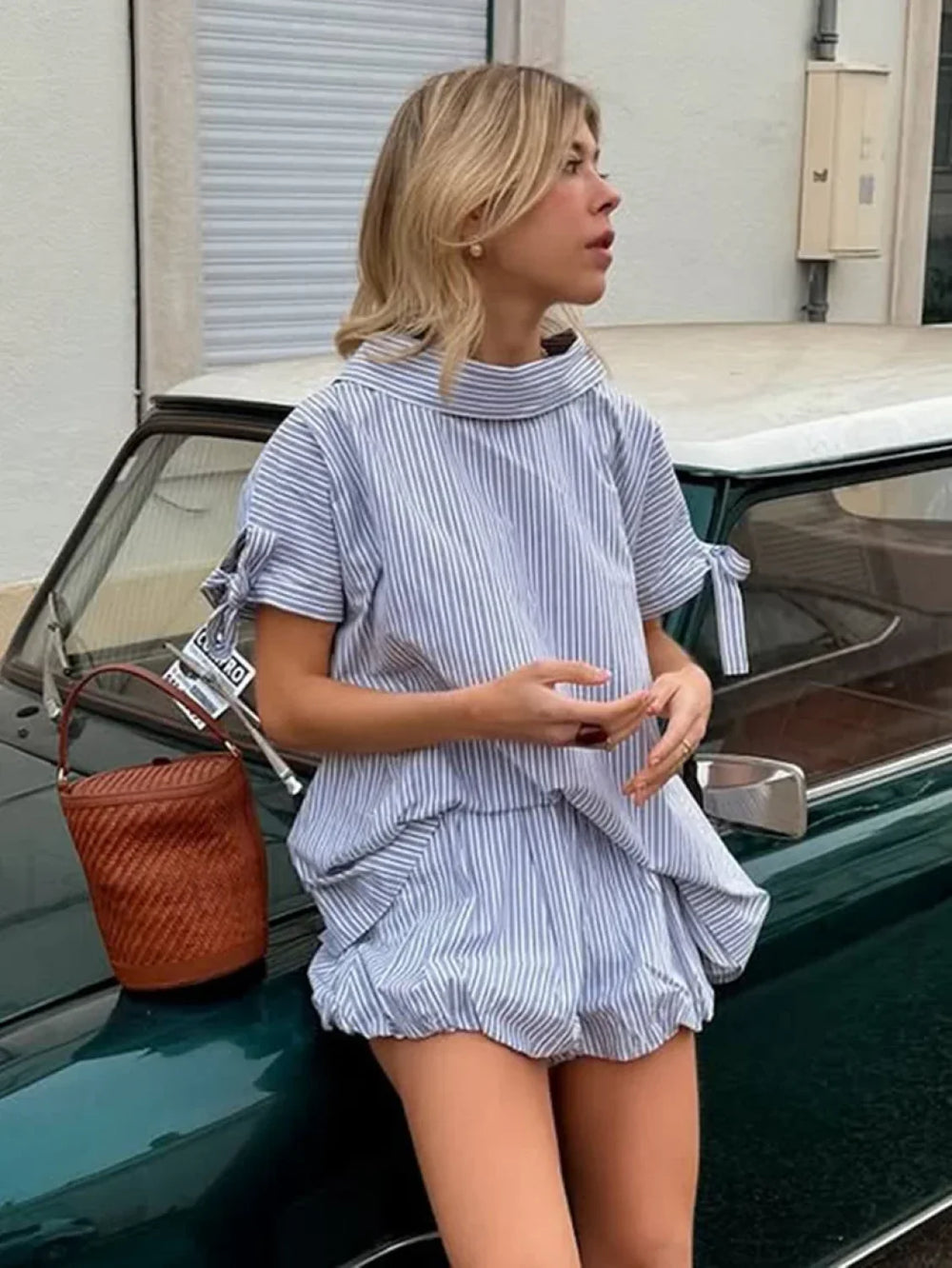 Summer Collar Pajama Shorts Two Piece Set