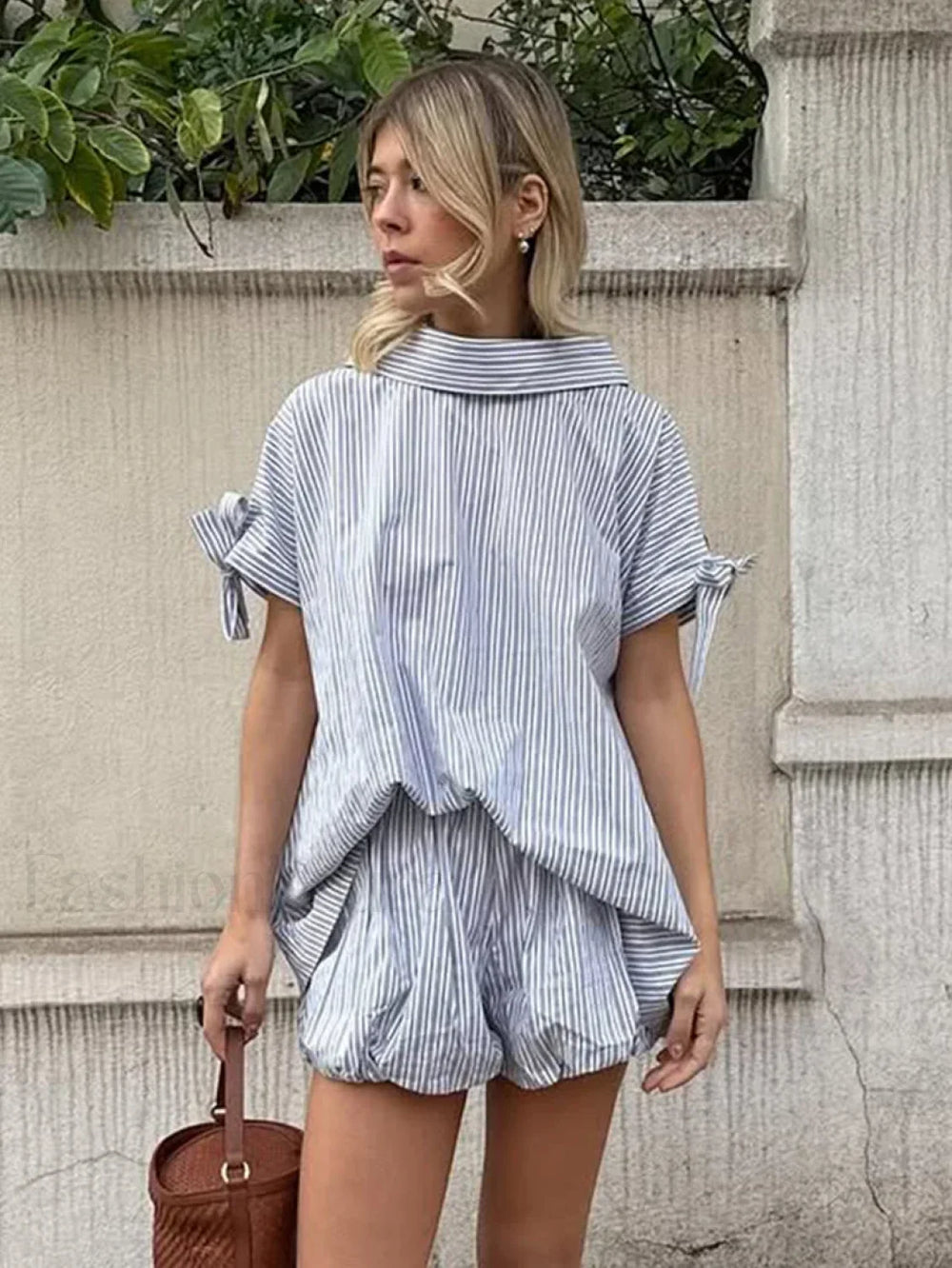 Summer Collar Pajama Shorts Two Piece Set GRAY / S