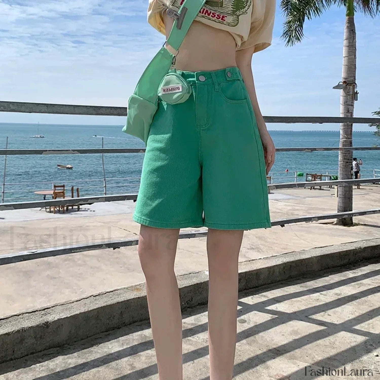 Summer High Waist Five Point Denim Short Green / S