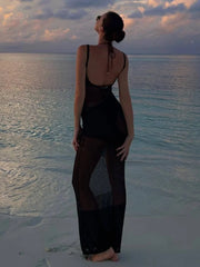 Summer Knit Backless See Through Sexy Sleeveless Bodycon Beach Party Cover Up Maxi Dress