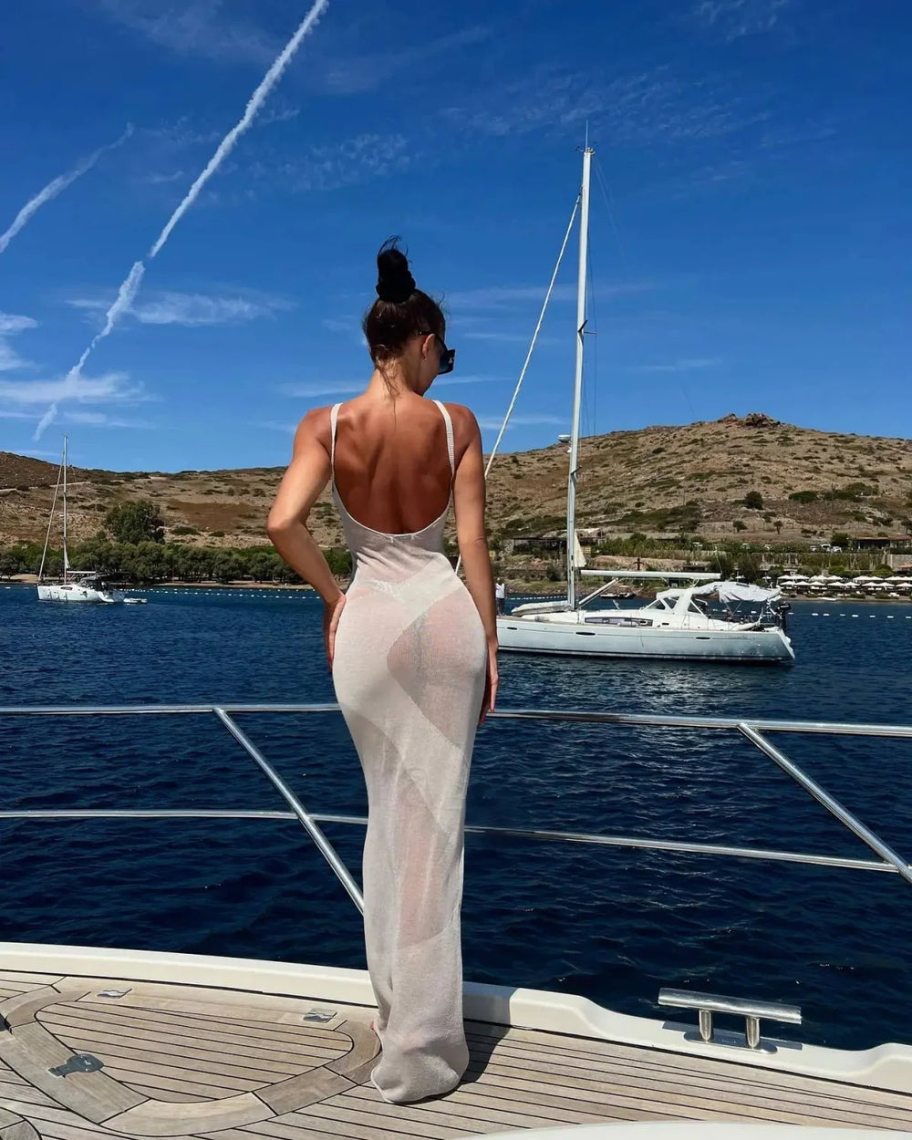 Summer Knit Backless See Through Sexy Sleeveless Bodycon Beach Party Cover Up Maxi Dress Apricot / S