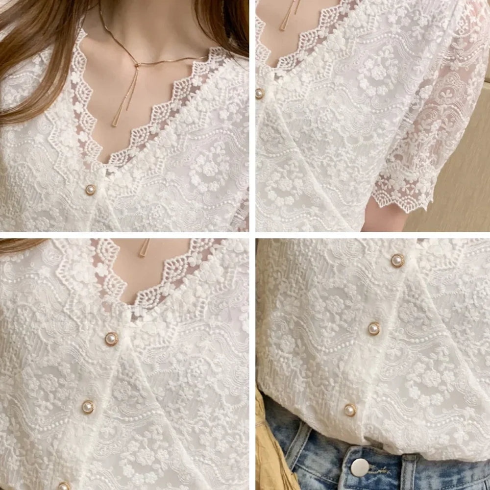 Summer Korean Lace Short sleeved Top Blouse