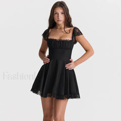 Summer Lace Patchwork Square Neck Mini Casual A Line Birthday Black Lace Up Women’s Clothing Dress