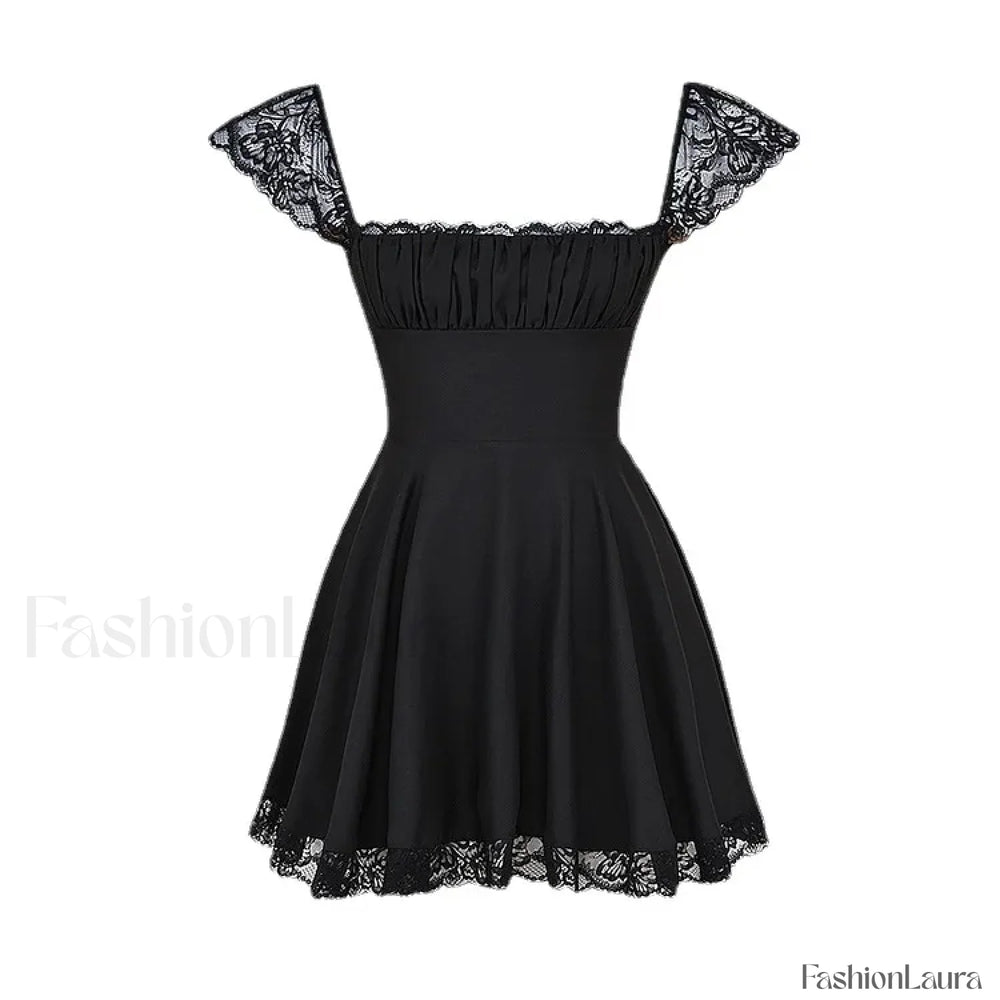 Summer Lace Patchwork Square Neck Mini Casual A Line Birthday Black Lace Up Women’s Clothing Dress