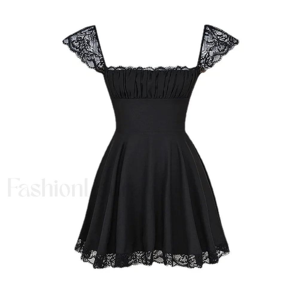 Summer Lace Patchwork Square Neck Mini Casual A Line Birthday Black Lace Up Women’s Clothing Dress