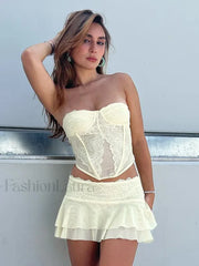 Summer Lace Skirt Tube Corset Crop Top Mini Skirt Two Piece Set light yellow / S