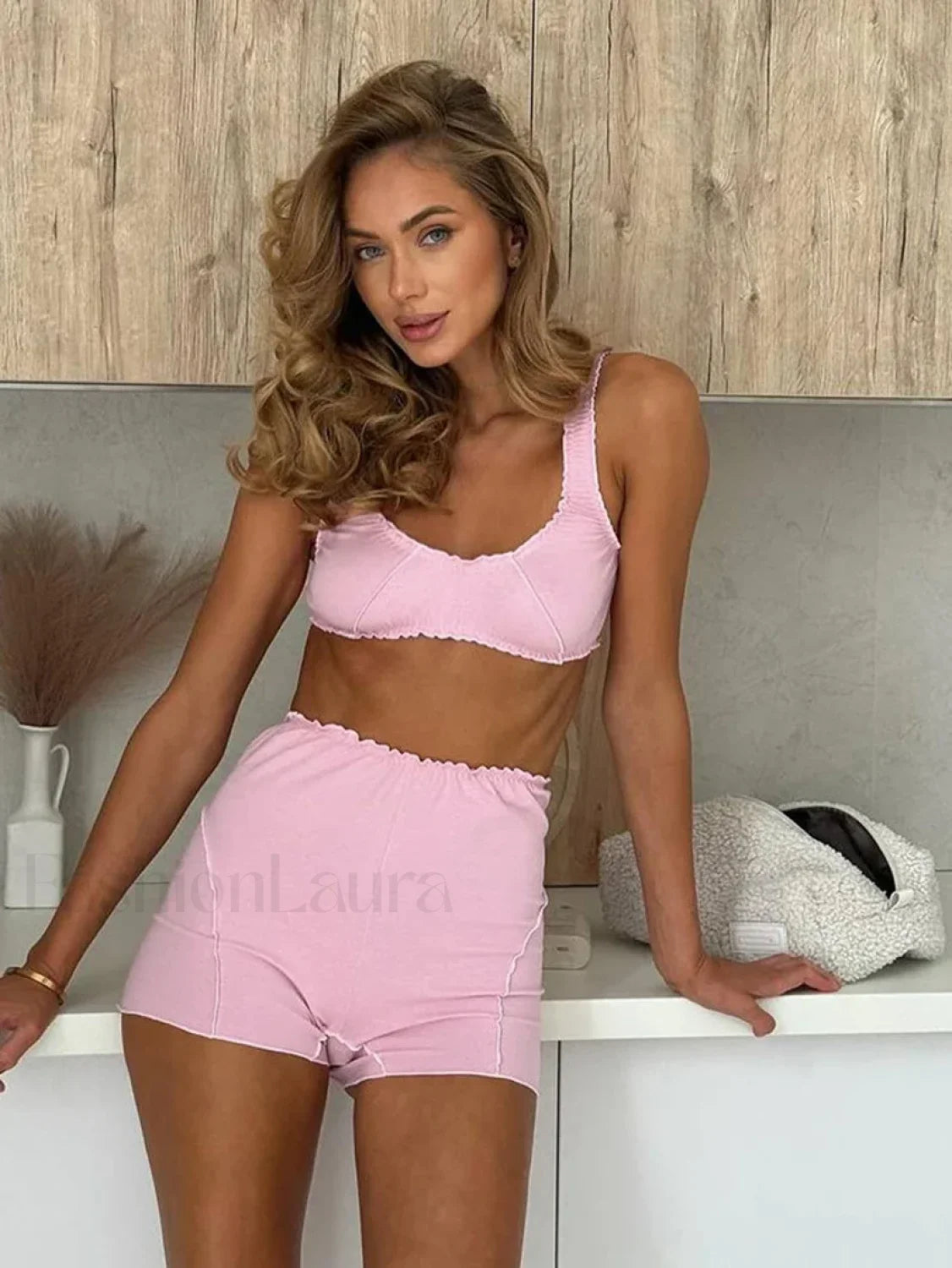 Summer O Neck Crop Shorts Two Piece Set Pink / S Main image