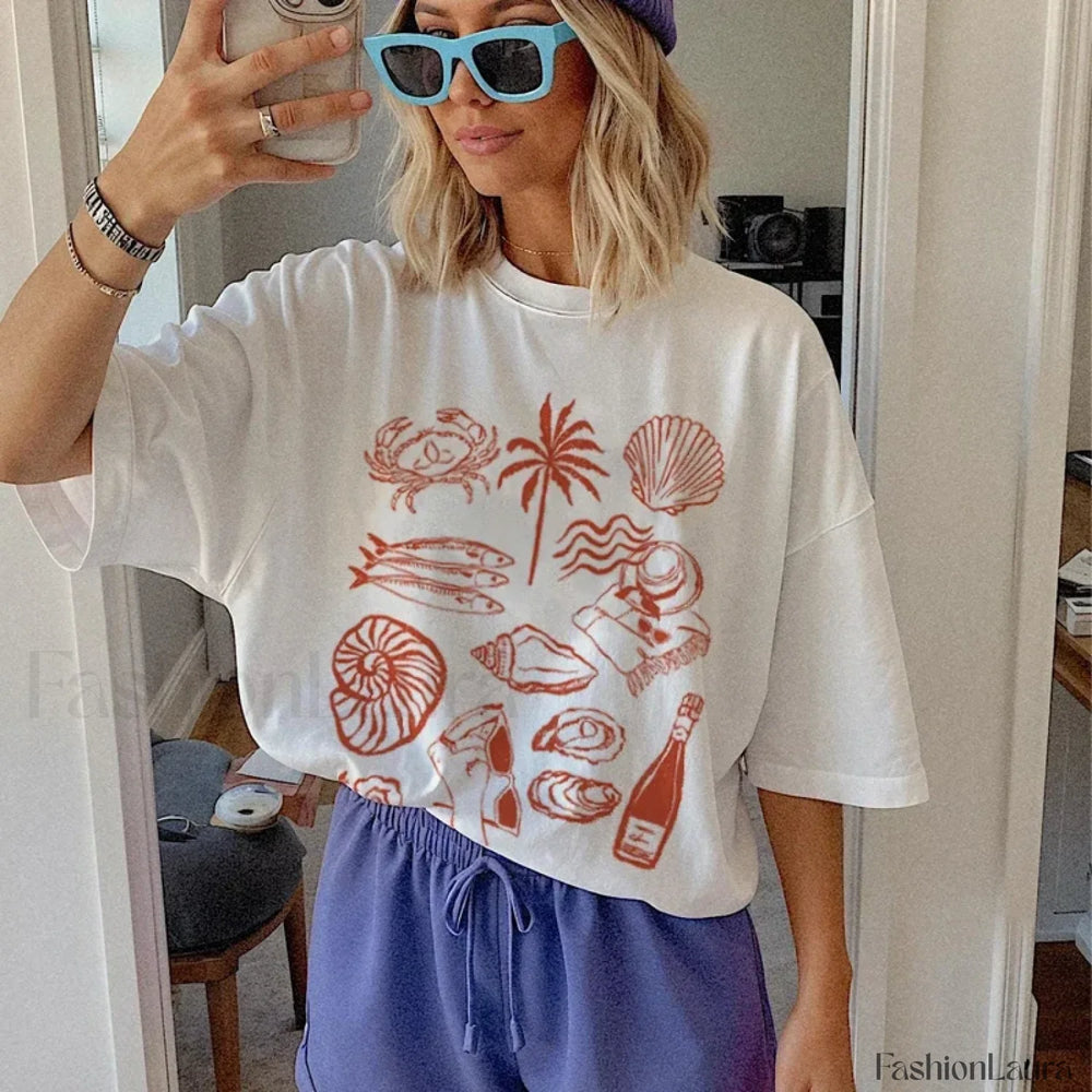 Summer Ocean Coastal Graphic Retro T Shirt WHITE / S