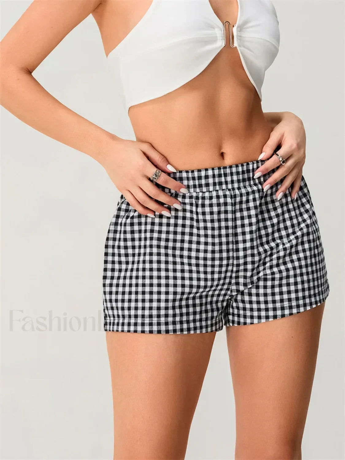 Summer Plaid Print Elastic Waist Loose Fit Casual Streetwear Short Secondary image