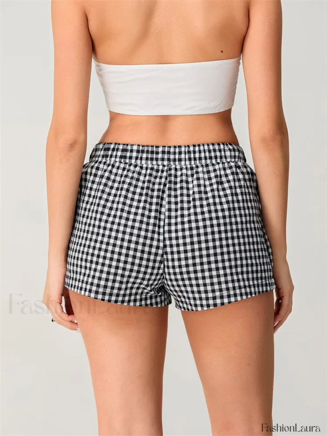Summer Plaid Print Elastic Waist Loose Fit Casual Streetwear Short