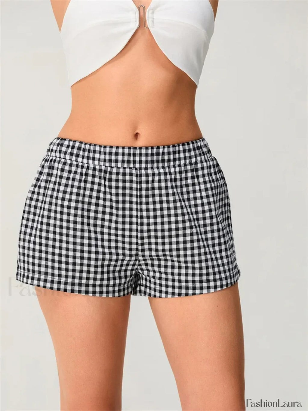Summer Plaid Print Elastic Waist Loose Fit Casual Streetwear Short black / XS