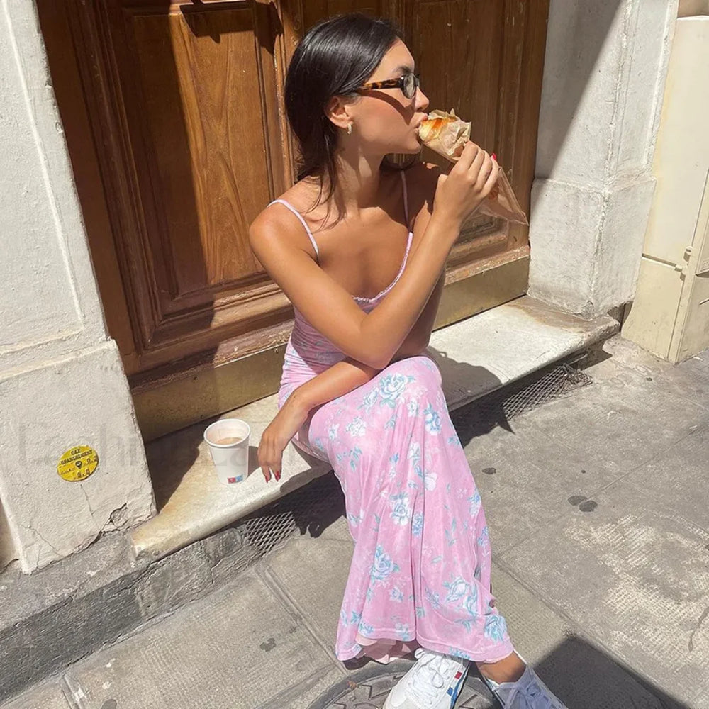 Summer Printed Beach Elegant Sexy Spaghetti Straps V neck Bodycon Long Evening Club Maxi Dress