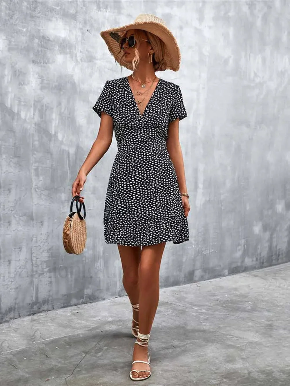 Summer Short Boho V Neck Floral Party Bohemian Flower Mini A Line Dress Black / S