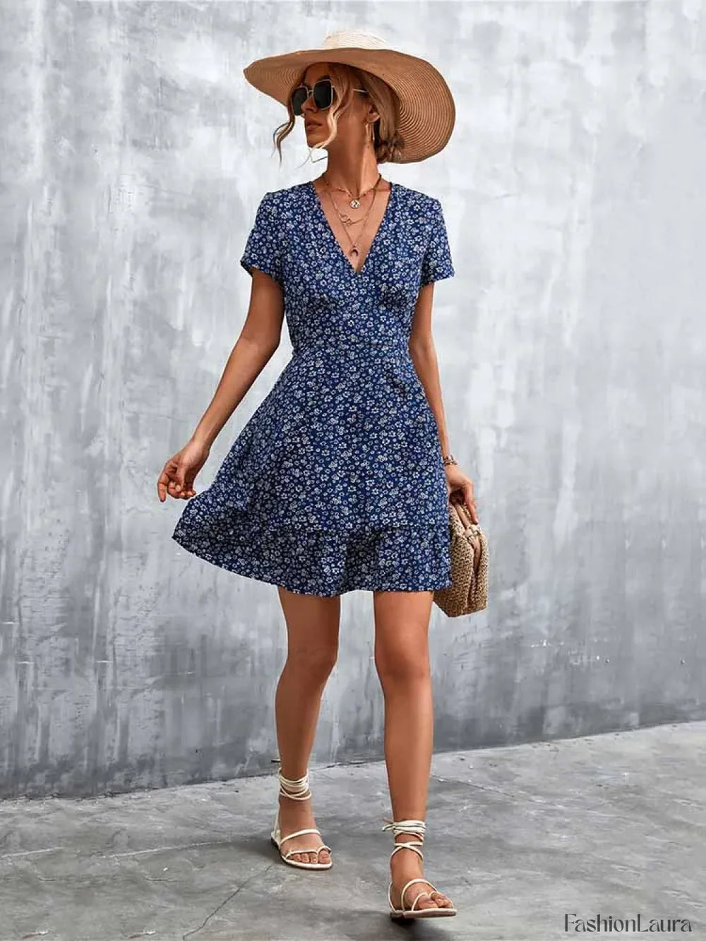 Summer Short Boho V Neck Floral Party Bohemian Flower Mini A Line Dress Blue / S