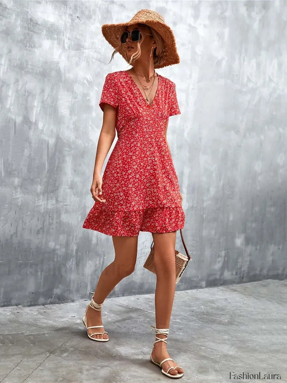 Summer Short Boho V Neck Floral Party Bohemian Flower Mini A Line Dress Red / S