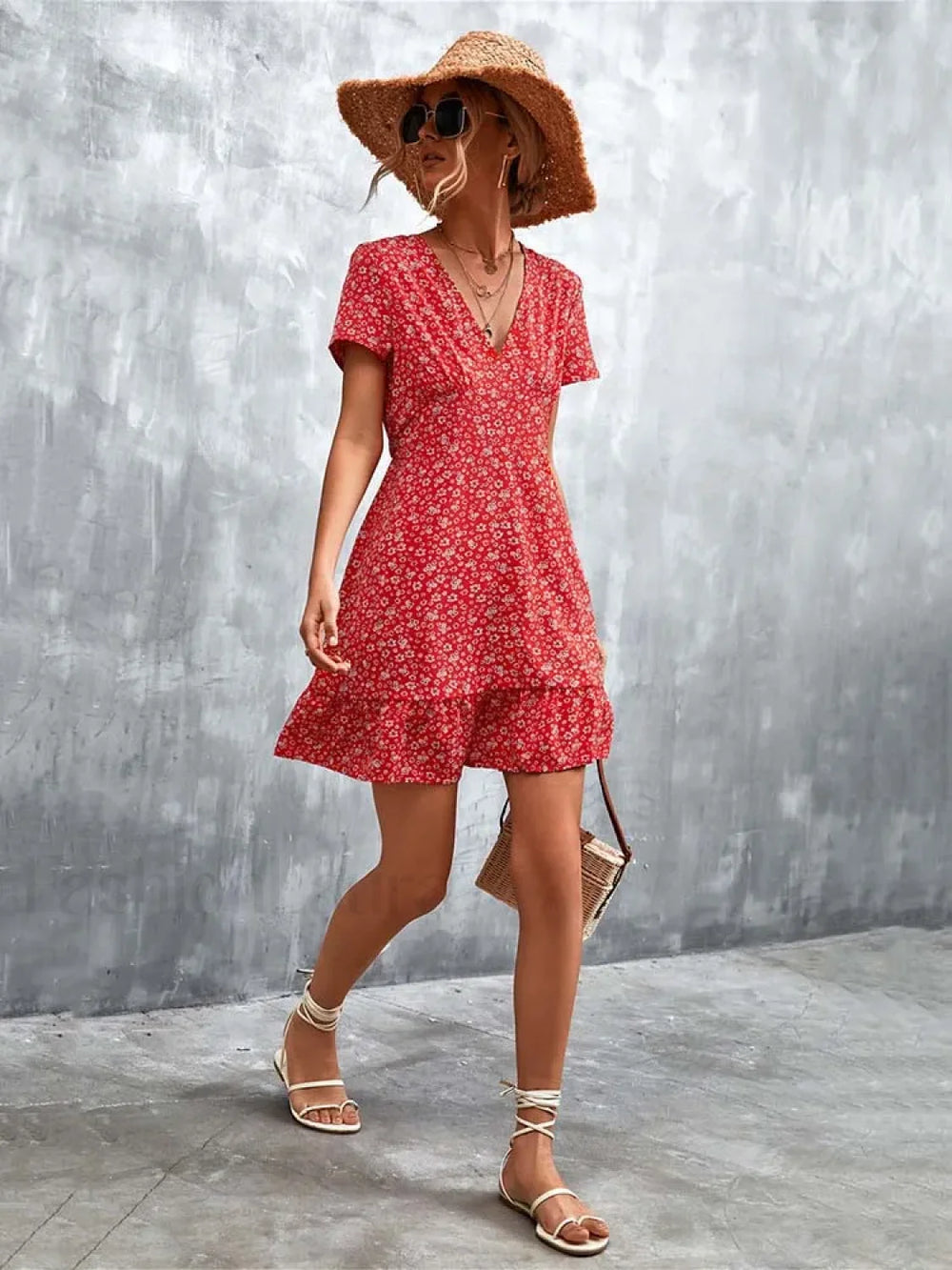 Summer Short Boho V Neck Floral Party Bohemian Flower Mini A Line Dress Red / S