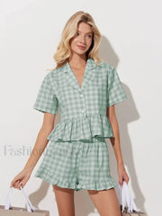 Summer Short Sleeve Pajama Shorts Two Piece Set Green / S