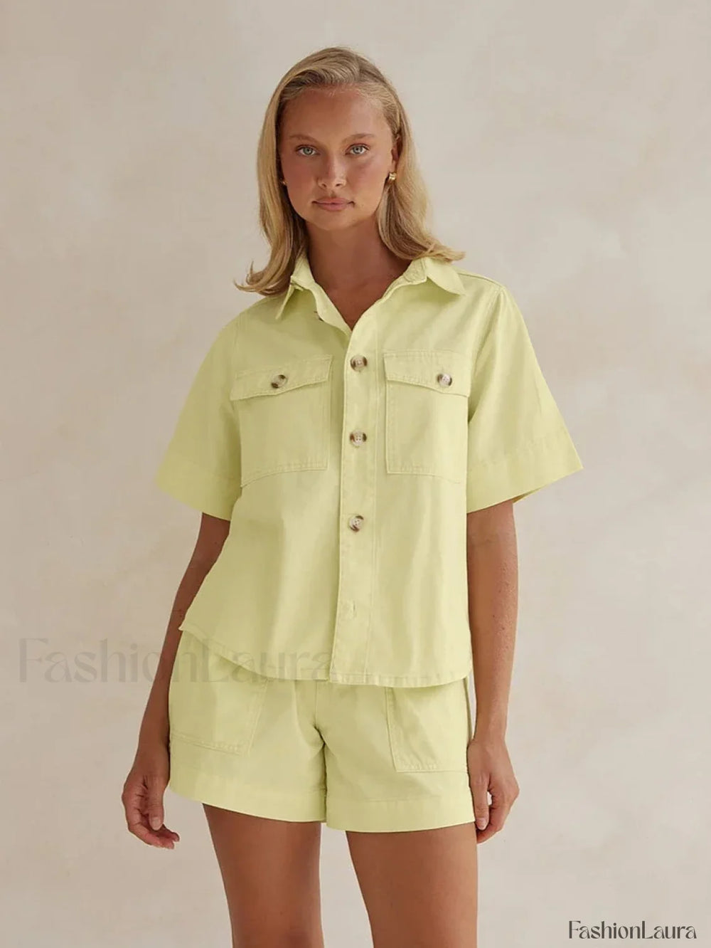 Summer Short Sleeve Pajama Shorts Two Piece Set Yellow / S