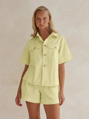 Summer Short Sleeve Pajama Shorts Two Piece Set Yellow / S