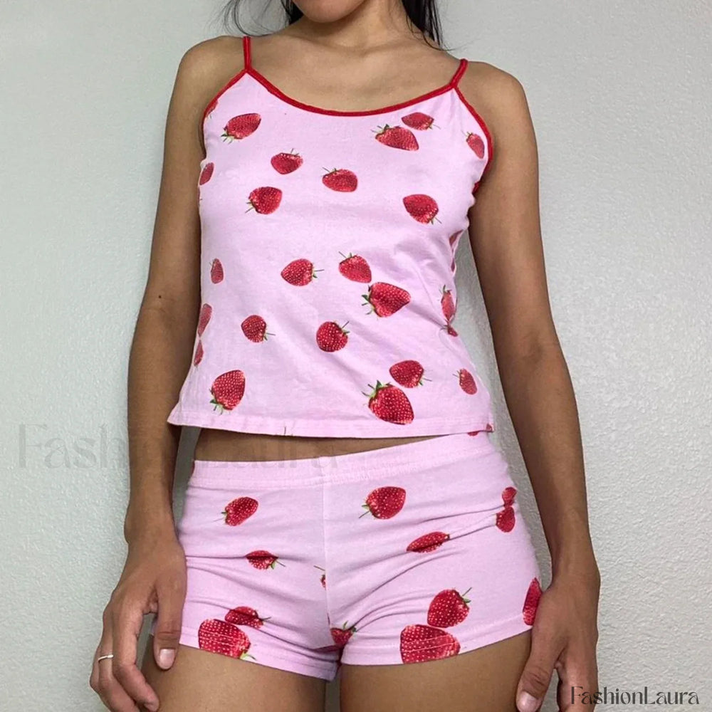 Summer Shorts Strawberry Cherry Bow Camisole Two Piece Set Pink / S