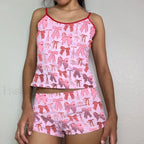 Summer Shorts Strawberry Cherry Bow Camisole Two Piece Set pink1 / S