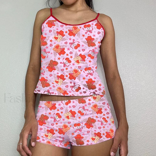 Summer Shorts Strawberry Cherry Bow Camisole Two Piece Set pink3 / S Main image