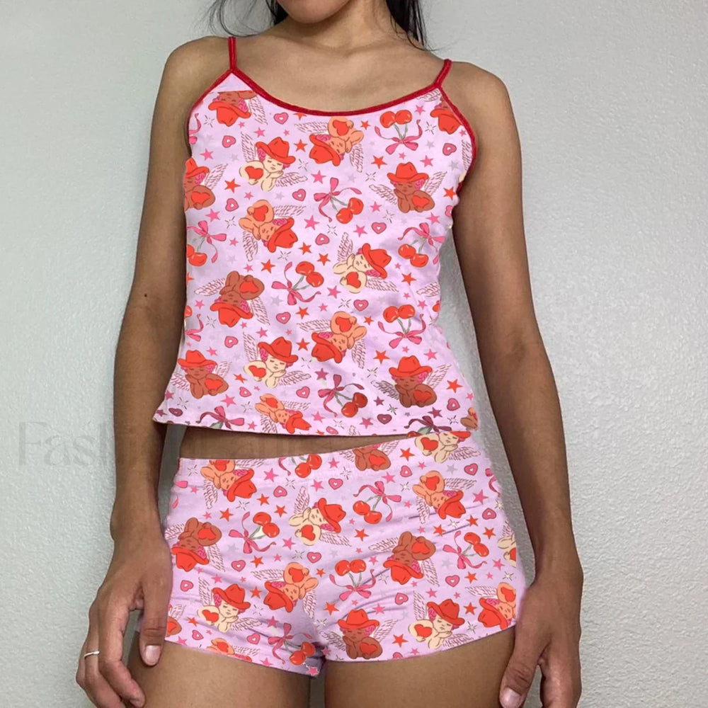 Summer Shorts Strawberry Cherry Bow Camisole Two Piece Set pink3 / S