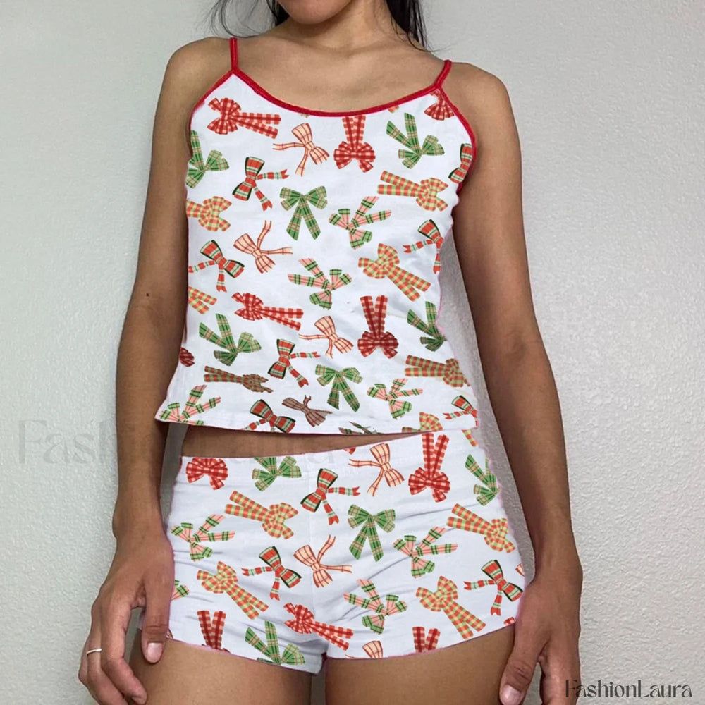 Summer Shorts Strawberry Cherry Bow Camisole Two Piece Set White / S